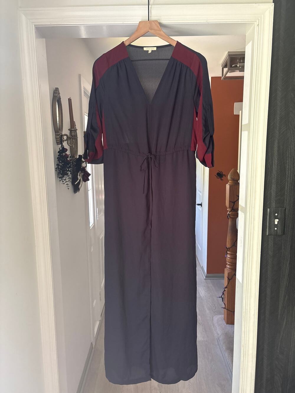Under Skies Odyssey Navy Blue Maxi Dress Small Burgundy Stripe Shoulder